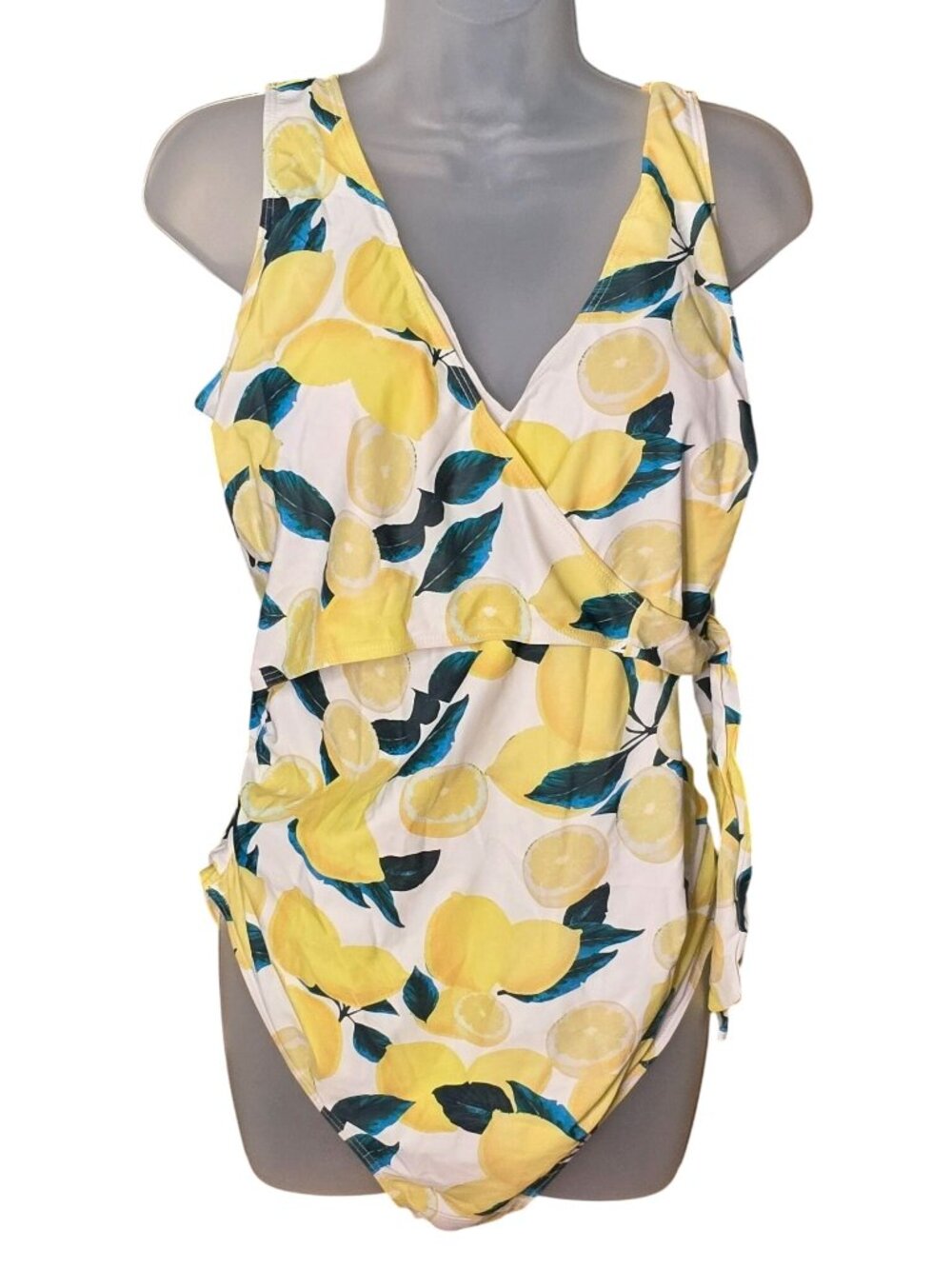 Lemon Print One‑Piece Swimsuit LG Wrap Tie V Neck Ruched Sides Lined - Picture 1 of 9